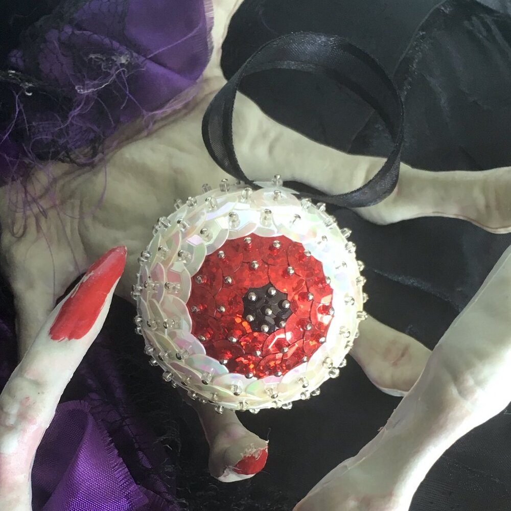 Christmas Eyeball Ornament Glam Sparkle Sequin Beaded Halloween OOAK Red Curio